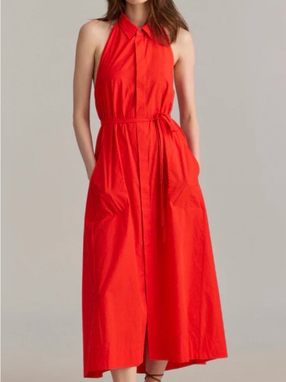 Billy Reid Bright Red Halter Maxi Dress with Self Tie